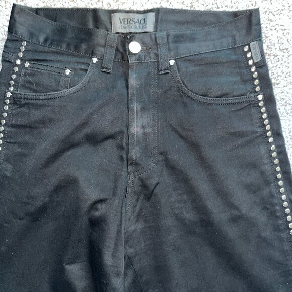 VERSACE JEANS COUTURE VINTAGE BLACK STUDDED JEANS  MADE IN ITALY  - W30 L34 TALL - Picture 2 of 16